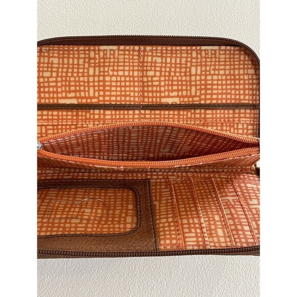 FOSSIL Key-Per Orange Quilted Brown Leather Wristlet ID Coin Zip Wallet - Picture 6 of 8